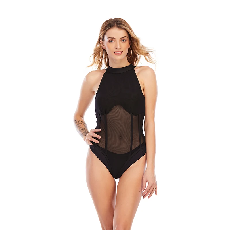 Black Mesh Sexy Bodycon Bodysuit Women Tank sleeveless Backless Rompers Womens Jumpsuit 2021 Summer Beach Party Top Overalls