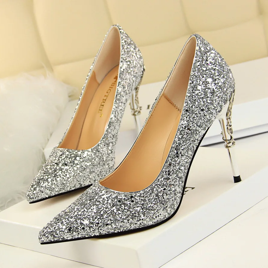

Spring Bling Party Night High Heel Wedding Shoes Women Shallow Pointed Toe Pumps Thin Heels Sequins Sexy Club Prom Dance Shoes