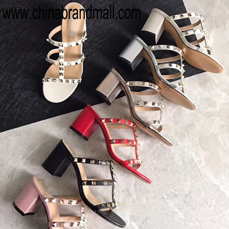 

fashion womens summer leather slipper with high heel ankle strap mid block heel sandal with studs 9cm/6cm heels pumps