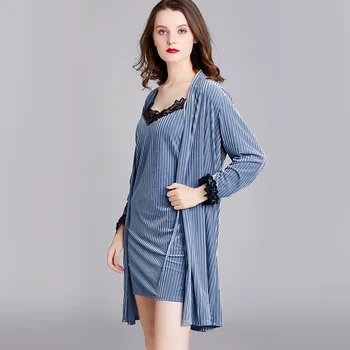 

Velvet Lace Trim Sexy Sleepwear 2PCS Robe Suit Women Sexy Bride Bridesmaid Wedding Bathrobe Gown Velour Lounge Intimate Lingerie