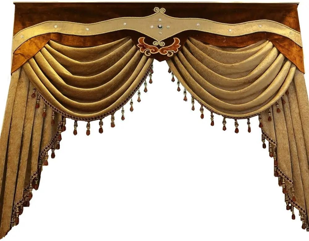 estilo europeu de luxo swag cachoeira valance com borla grânulos franja guarnição para sala estar haste bolso cortina cortinas decoração