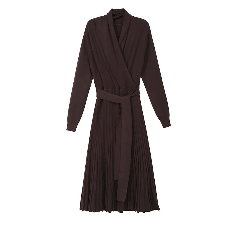 [EAM] женское черное Плиссированное Бандажное платье с разрезом, новинка, v-образный вырез, длинный рукав, свободный крой, модный стиль, весна-осень, 1D999 - Цвет: brown