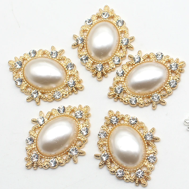10pcs 33*25mm Retro Oval Pearl Alloy Rhinestone Button Jewelry Hairpin Clothing Wedding Decoration Handmade Diy Accessories