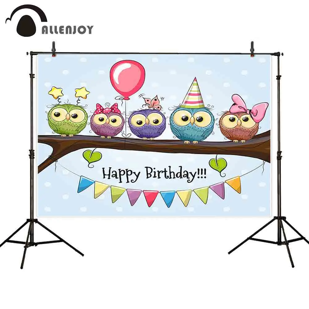 Allenjoy Cartoon Owl Backdrop Cloth Flags Leaves Balloon Tree Branches Happy Birthday Photobooth Dot Blue Baby Party Supplies | Дом и сад