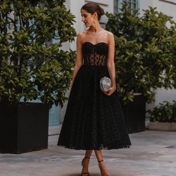 Simple Black Tulle Strapless Sleeveless Ankle Length Evening Dress Elegant Cut-out A-line Prom Party Gown For Women Custom Made