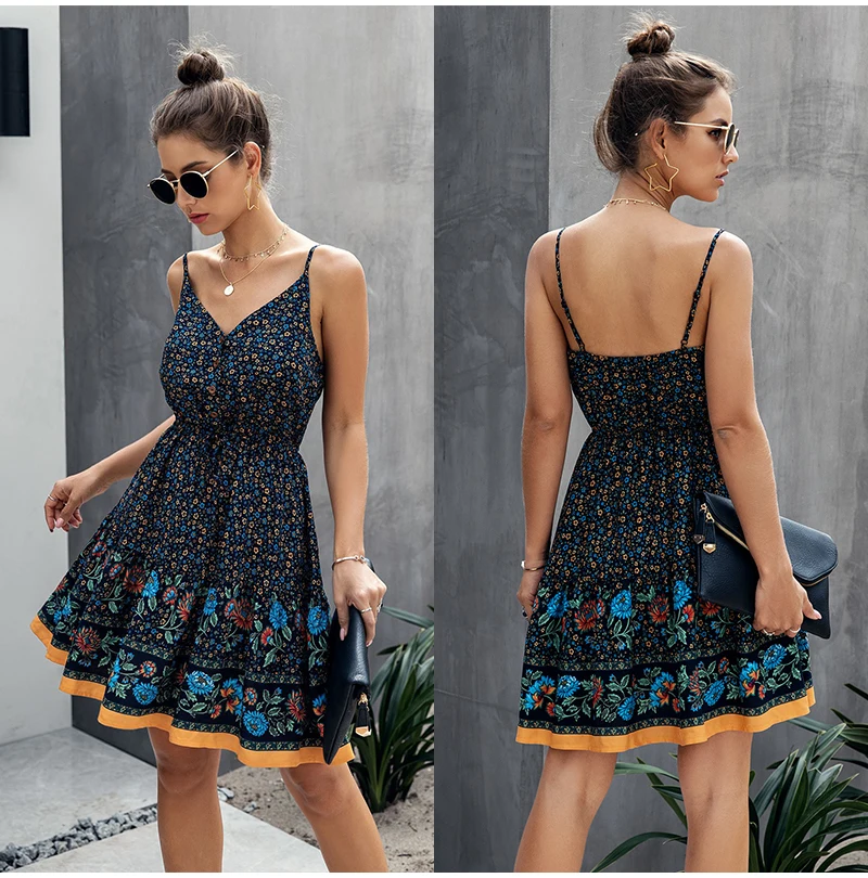 Summer Women Print V Neck Dress Buttons Cotton Mini Sundress Fashion 