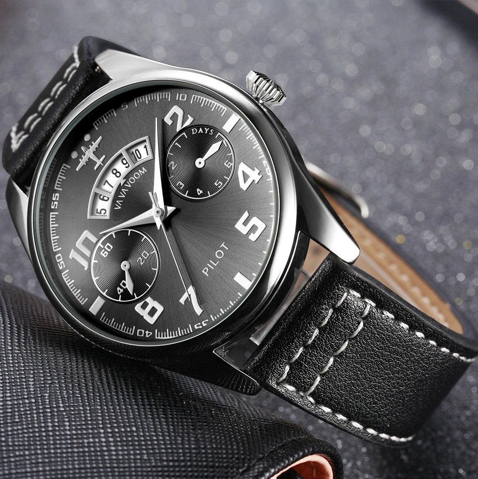 Airplane Sports Military Blue Dial Pilot Calendar Men Wristwatch Chronograph Fashion Casual Brand Army Brown Leather Watches