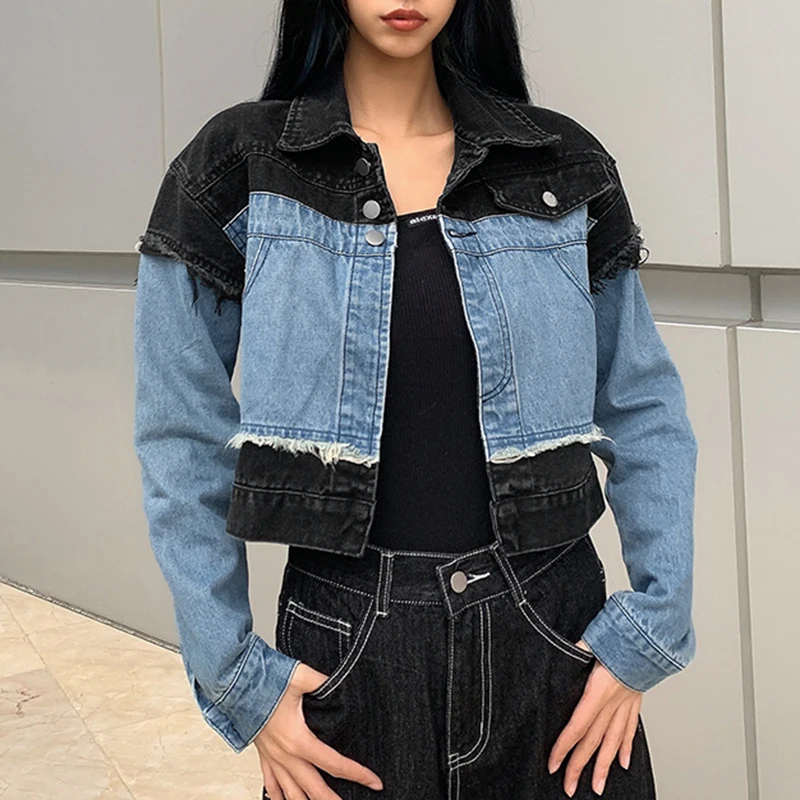 

Streetwear Black Blue Patched Fringed Women's Autumn Winter Bomber Y2k Jeans Jacket Female 2020 New Vintage Denim Coat Outerwear