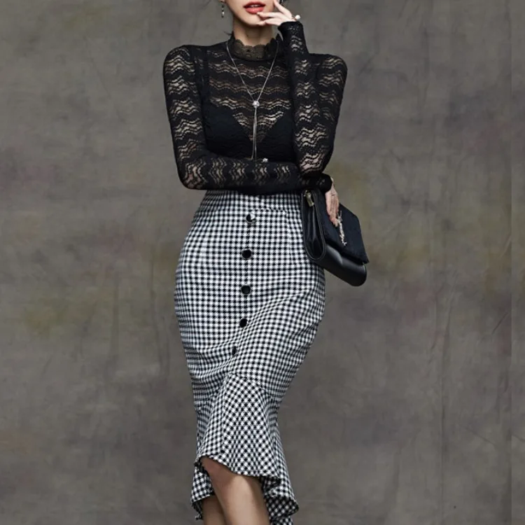 

WOMEN'S Two-piece Suit 2020 New Style Korean-style Elegant Lace Slim Fit Tops Thousands of Birds Skirt Set