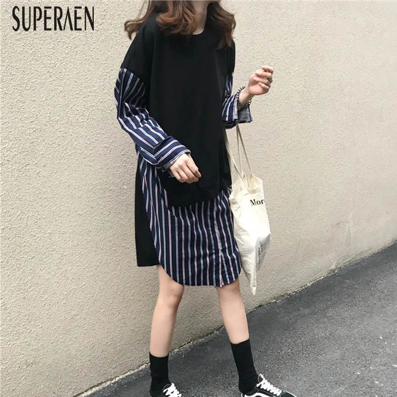 SuperAen, корейский стиль, женское платье, весна и осень, новинка, в полоску, имитация двух частей, платье для женщин, длинный рукав, женская одежда