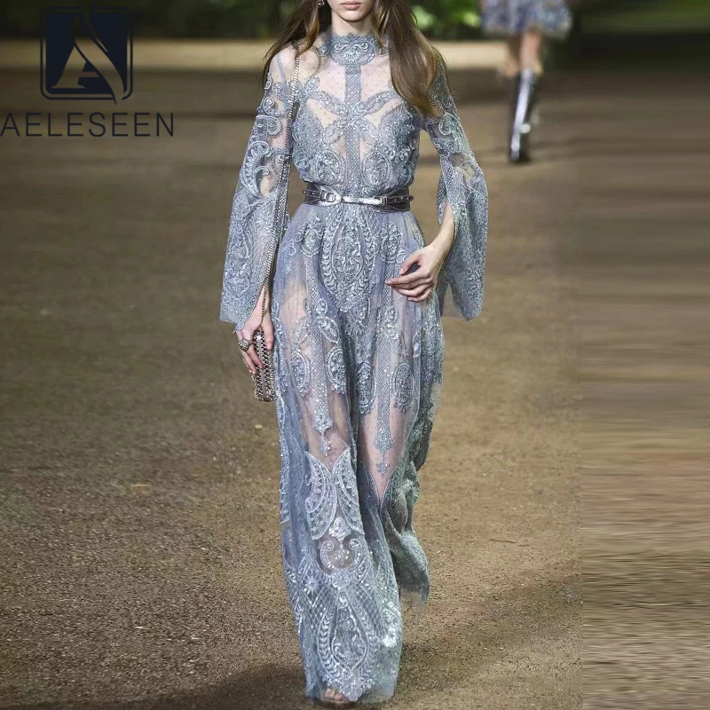 Женское платье макси AELESEEN подиумное модное с расклешенными рукавами Цветочная