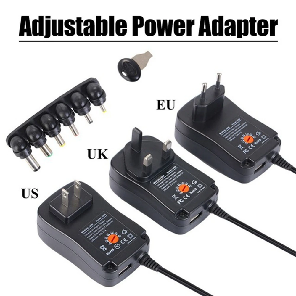 범용 전원 어댑터, AC DC 충전기, 전원 컨버터, USB 포트, 6 개 잭 커넥터, 3V, 4.5V, 5V, 6V, 7.5V, 9V, 12V, 5V, 2.1A, 30W