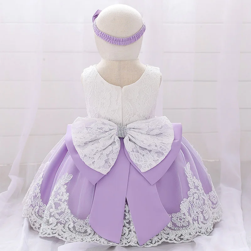 purple Платье с большим бантом и цветочным узором для девочек платье для новорожденных бальное платье принцессы для девочек платье для причастия крещение vestido - Цвет: purple