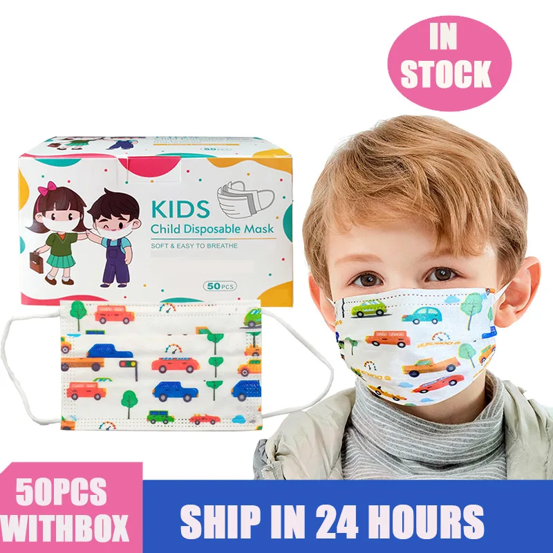 Máscara facial infantil com 3-13 anos, máscara de 3 camadas elástica descartável dos desenhos animados carro grosso