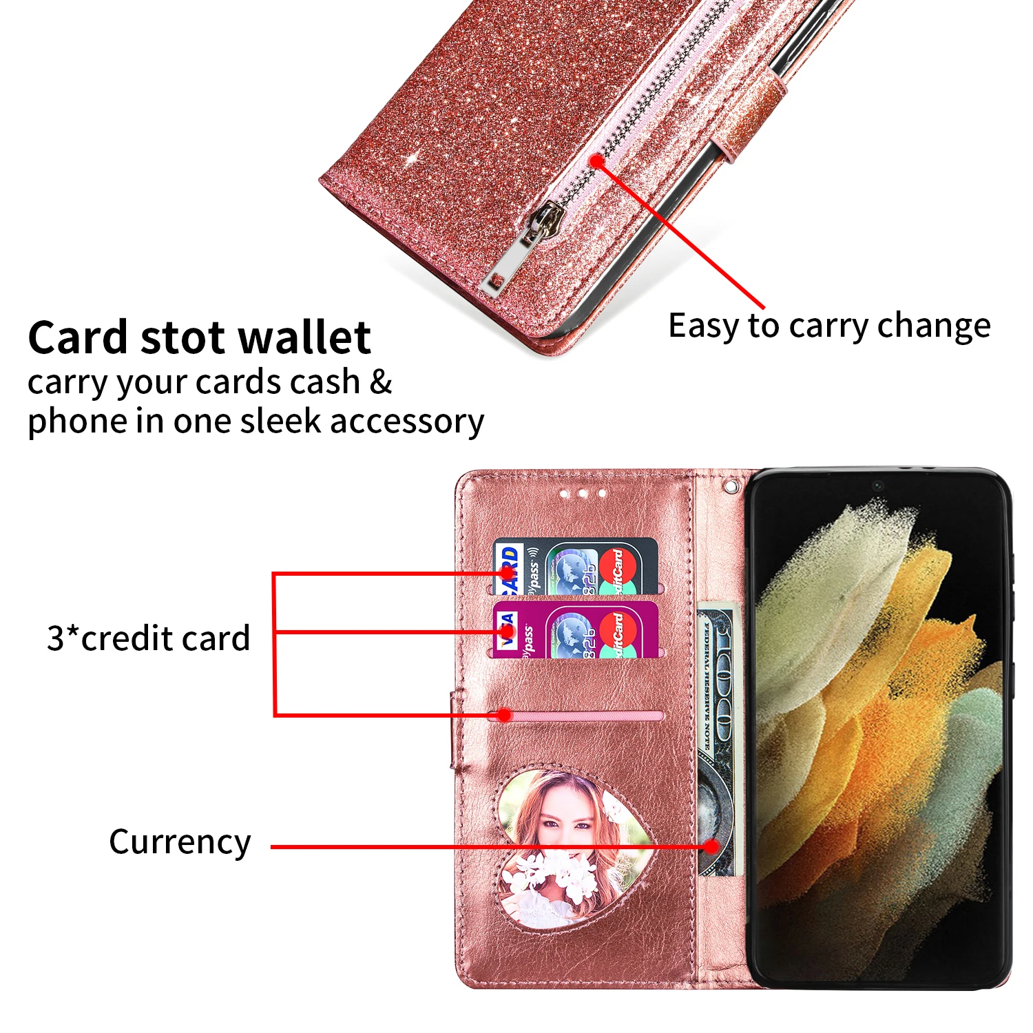 Glitter Leather Zipper Flip Wallet Phone Case Cover