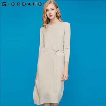 

Giordano Women Dress Stylish Waistband Knitted Vestidos Creneck Long Sleeves Sweet Solid Robe Femme 94469042