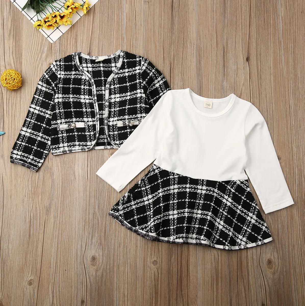1-6Y Baby Girls Clothes Sets Birthday Long Sleeve Plaid Coat Tops+Dress 2Pcs Party Warm Outfit kids clothing set girls clothing set
