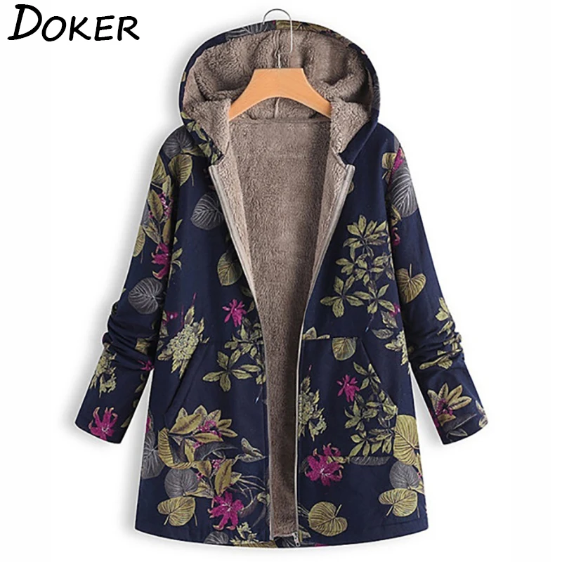 

Autumn Winter Women Plus Velvet Hoodies Jacket Warm Coat Women Printed Zipper Cardigans Outwears Plus Size Loose Windbreaker