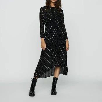 

CAMIA Black polka dot asymmetric Women Dress 2019 winter New Chiffon Self-cultivation Pleated Long-sleeve Embroidered Dress