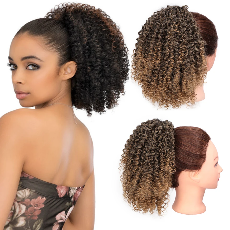 I's a wig Kinky Curly Pony Tail Hair Extension Drawstring Synthetic Clip in Black Red Short African American | Шиньоны и парики