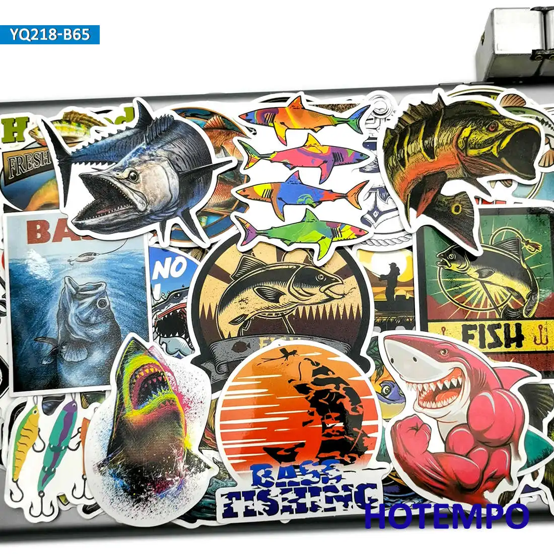 Pegatinas de peces de pescador Go Fishing para exteriores, 65 Uds., para teléfono móvil, portátil, equipaje, monopatín, depósito, pegatina artística