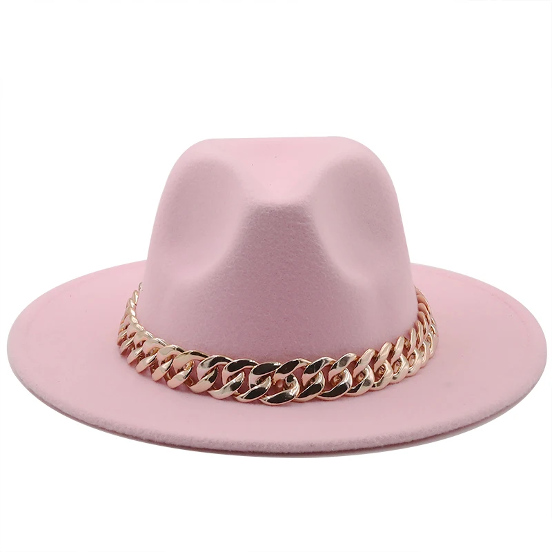 womens's hat wide brim Thick gold chain band classic black beige felted hat panama cowboy jazz men caps luxury fedora women hats 5