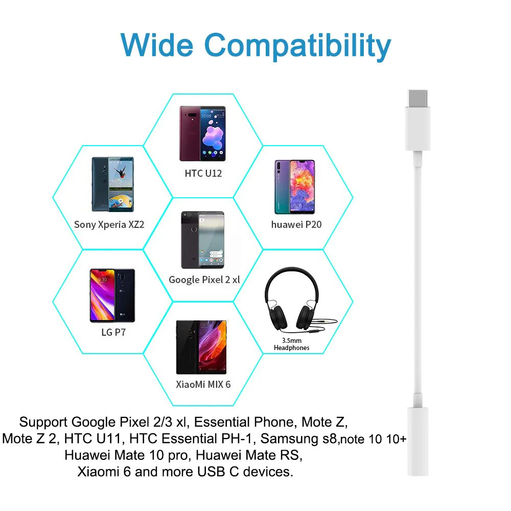 10X USB C to 3 5mm Aux Headphone Jack Type C Digital Audio Stereo 24BIT HD Adapter For iPad Pro Huawei P20 Google Pixel 2 2XL 3