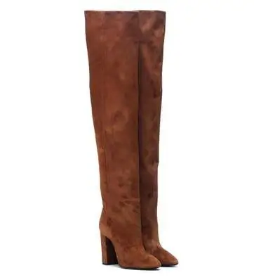 leather inside Плиссированные сапоги из натуральной кожи; цвет черный, бежевый, коричневый; эластичные замшевые сапоги-трубы с острым носком без застежки на толстом каблуке; свободные длинные сапоги выше колена - Цвет: leather inside