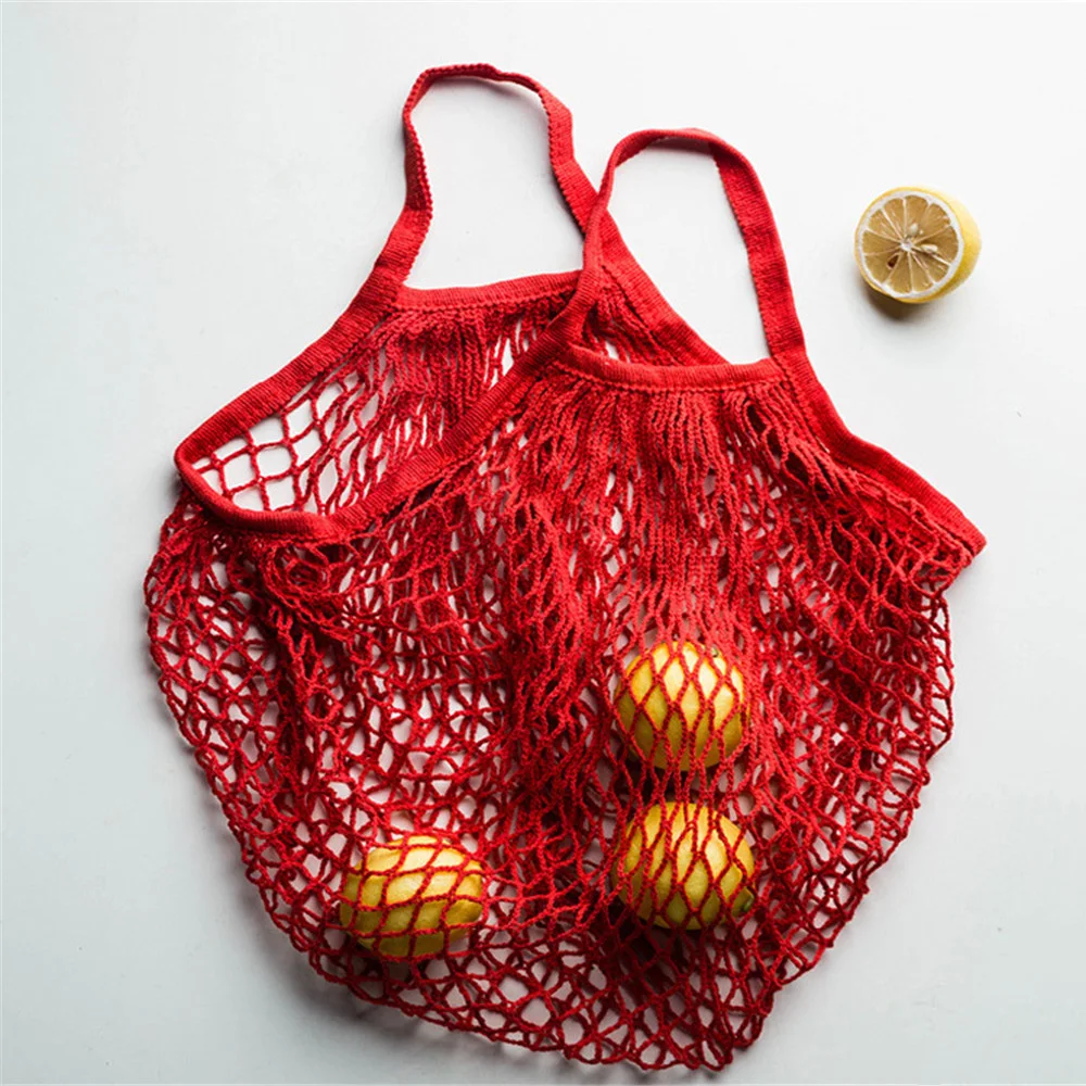 short red Хлопковая Сетчатая Сумка для покупок, многоразовая складная сумка для хранения фруктов, женская сумка для покупок, Сетчатая Сумка для покупок - Цвет: short red
