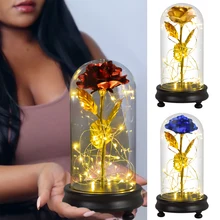 Gold Foil Galaxy Rose Flower LED Light Artificial Flowers In Glass Dome Mother Day Valentine Gift for Girls