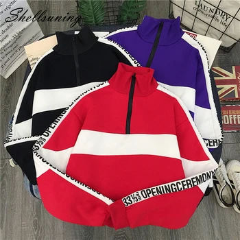

Shellsuning Korean 2019 Letter Print Red Sweatshirts New Long Sleeve Streetwear Women Quarter Zipper Spell Color Pullover Tops