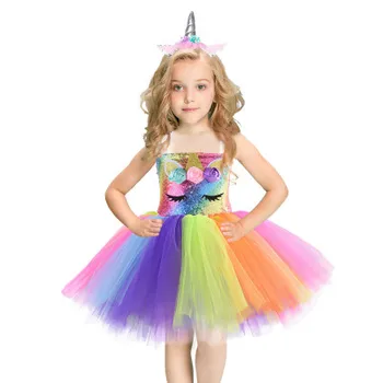 

Explosion models Christmas Halloween Girls Baby Costume Cartoon Unicorn Sequins Girls Jumpsuit Princess Color Puffy dress