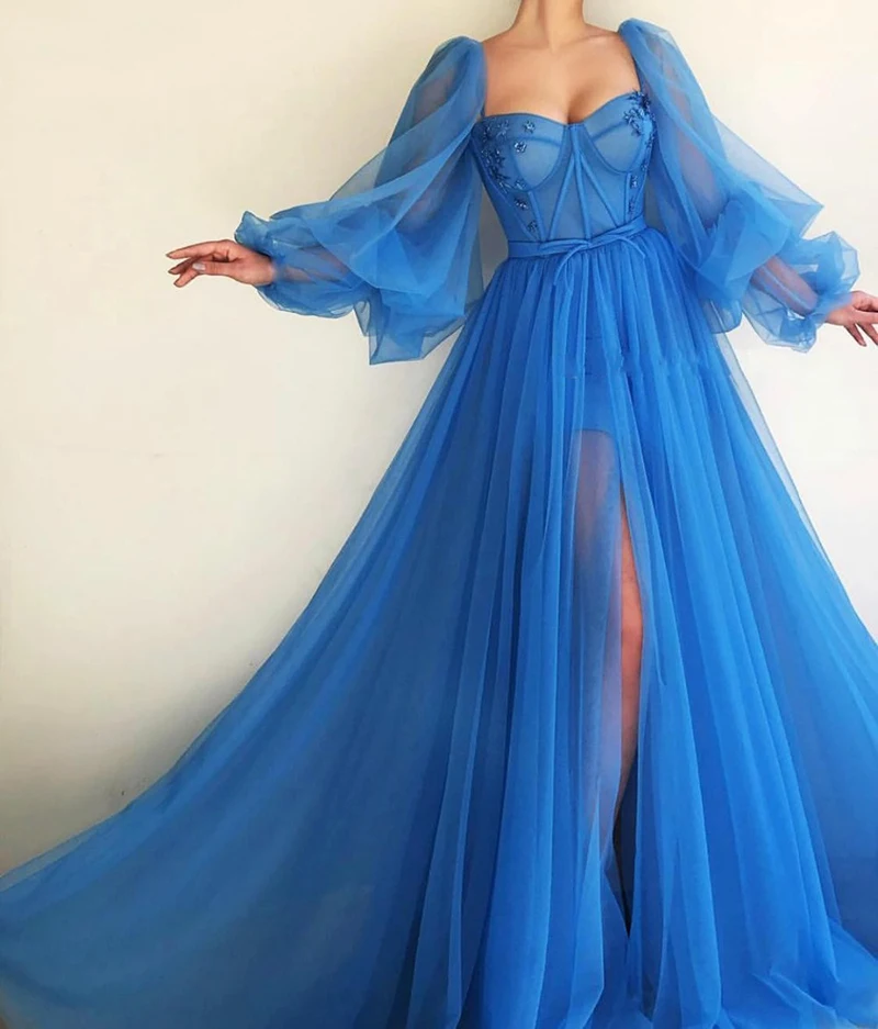 Синие платья для выпускного вечера милое Пышное Тюлевое платье с аппликацией из Бисера Сексуальное вечернее платье для выпускного вечера robe de soiree