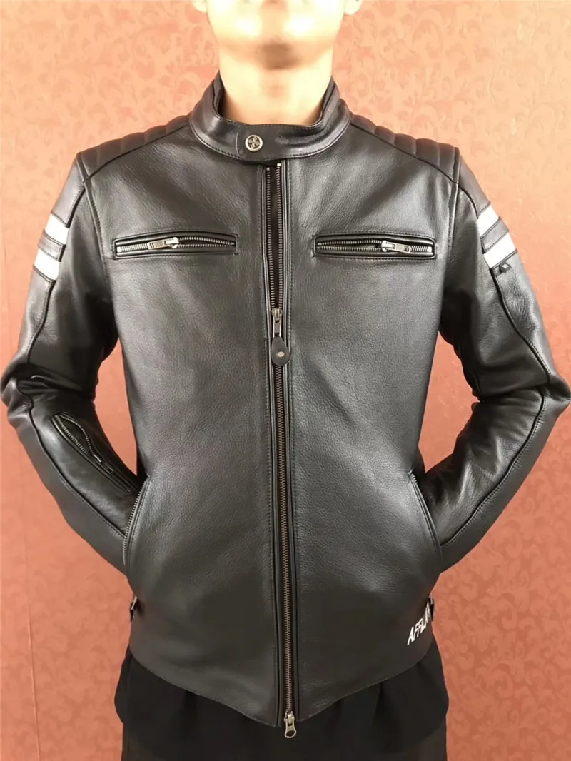 Черная Мужская облегающая Байкерская кожаная куртка размера плюс XXXL из натуральной воловьей кожи для русской осени мотоциклетная кожаная куртка