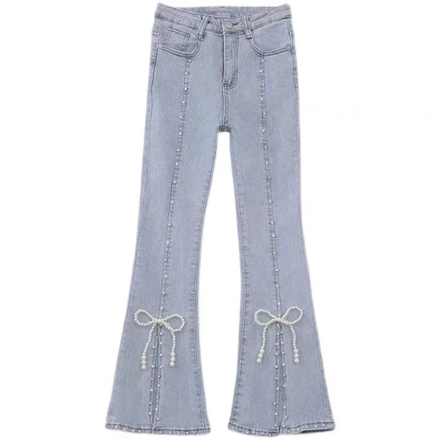 Women Cut Pants Elegant Chic Beading Bowknot Boot High Waist Split Denim  Pants Girls Vintage Fairy Jeans Sweet Trousers - Jeans - AliExpress