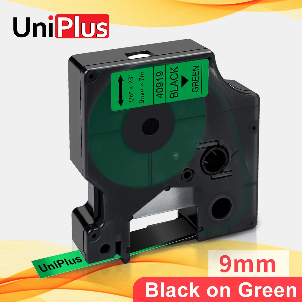 Водонепроницаемая лента UniPlus 9 мм черно-зеленая 40919 для принтера Dymo D1 Labelwriter 450 Duo