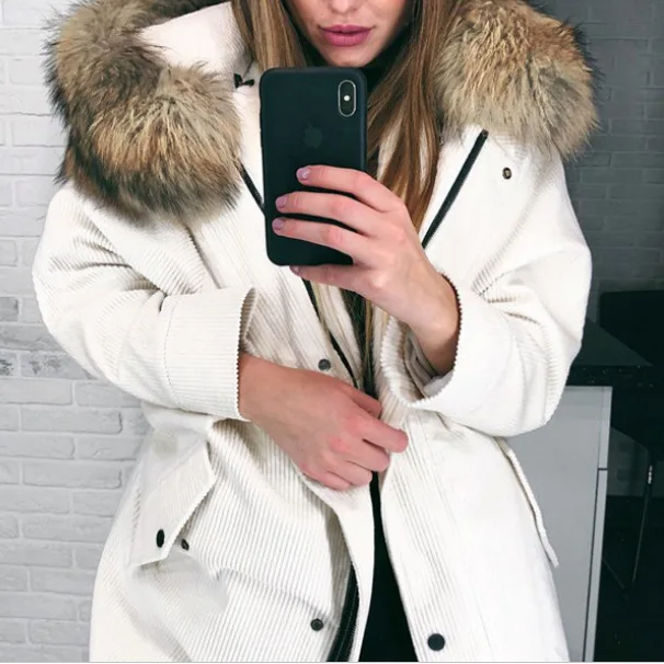 

Europe And America INS Autumn And Winter Hot Selling Corduroy Coat Fashion Loose down Jacket Mid-length Hooded Warm Cotton-padde