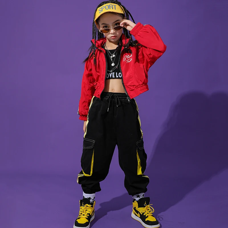 

Танцевальные костюмы в стиле хип-хоп для девочек, красное пальто с длинным рукавом, одежда для джаза, Детский костюм для уличного танца, красный сценический костюм