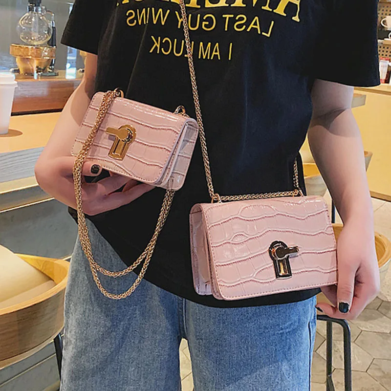 

PU Leather Women's bag 2019 Designer Mini Square Flip bag Handbag Stone pattern Lock Chain Shoulder Messenger Bag