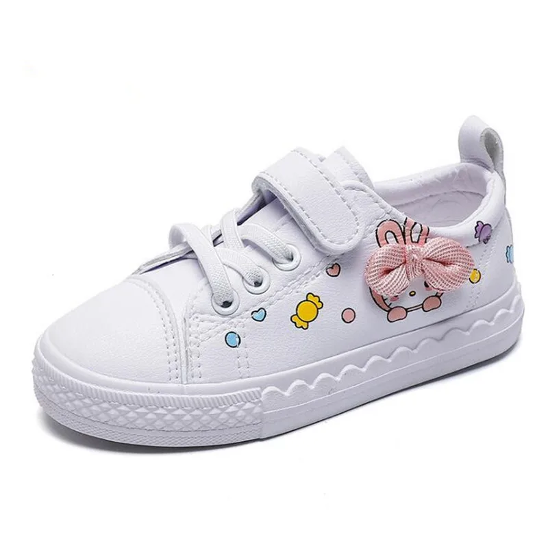 Брендовая Белая обувь для девочек, детские туфли на каждый день, спортивные кроссовки, Детские Мультяшные сандалии с милым бантом, парусиновая обувь
