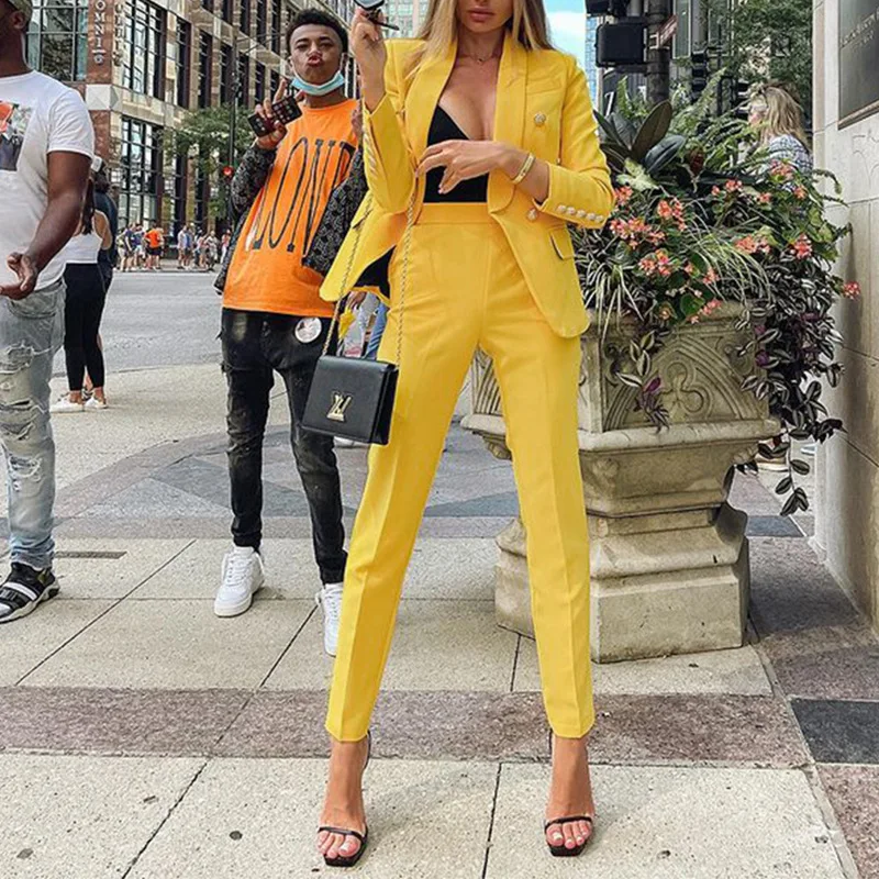 Pure color simple suit fashion long-Sleeved suit slim trousers two-Piece suit autumn and winter 2021 new casual women's clothing