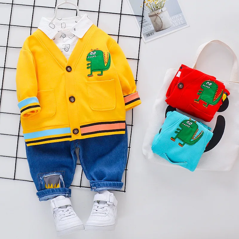 

2020 Children Fashion BOY'S Spring And Autumn New Style Casual CHILDREN'S Knit Cardigan with Holes Denim Suit Three-piece Set