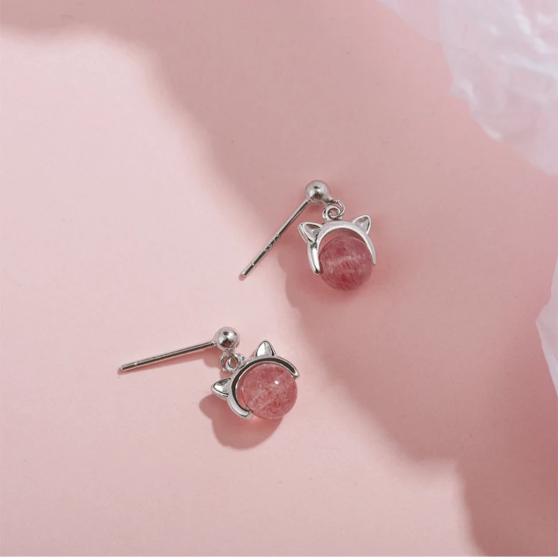 Sweet Style Silver Color Pink Cat Stud Earrings S925 Lucky Strawberry Quartz Earring For Women Girls Kids Jewellery | Украшения и