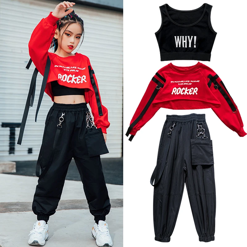 Ropa de Hip Hop para niñas, peto informal de color rojo, Tops y pantalones negros, ropa de baile callejero, ropa de rendimiento de ropa de Hip para niños BL5301|Salón de