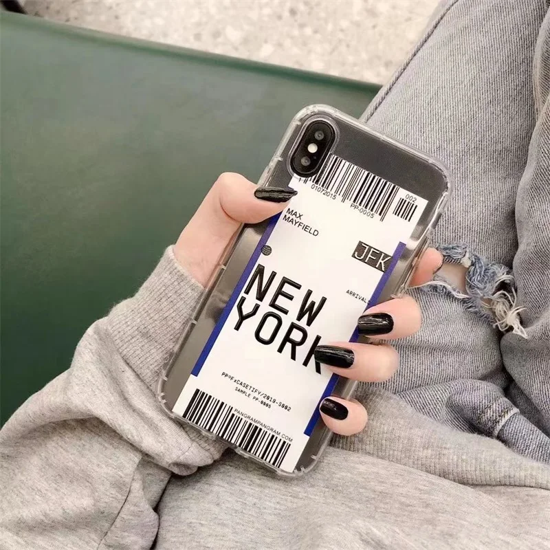 

ins US City Label Bar code Phone Case For iPhone 11 Pro Xs MAX XR X 6 s 7 8 plus Simple letter new York Clear soft silicon Cover