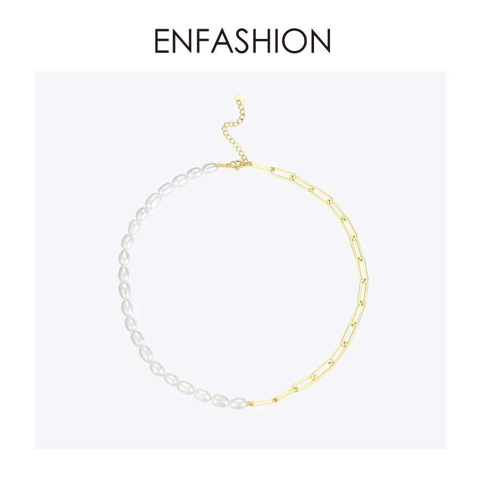 ENFASHION Natural Pearl Link Chain Choker Necklace Women Gold Color Stainless Steel Lady Necklace Fashion Femme Jewelry P193051