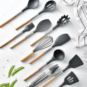 

Kitchen Utensil Set Silicone Cooking Tools Set Household Wooden Handle Turner Cooking Various Kitchenware Set
