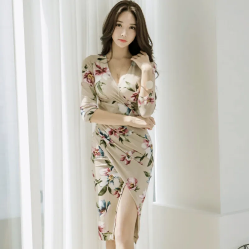 Осень 3/4 рукав Bodycon Midi Vestidos женские Сплит Сексуальные цветочные печати v-образным вырезом Вечерние платья