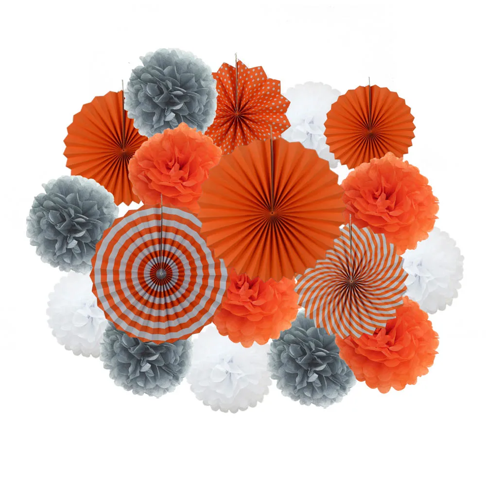 Grey Orange Set Вечерние украшения для мальчиков и девочек, 18 шт., розовый набор, разные размеры, бумажные поделки для детей, декор для дня рождения, подвесные бумажные веерные украшения с помпонами - Цвет: Grey Orange Set
