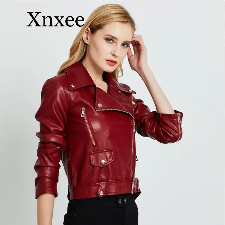 elegant wine red  Women Black Faux Leather Jacket Autumn Winter Short Soft Pu Leather Jackets Belt Zipper Moto Biker Coat